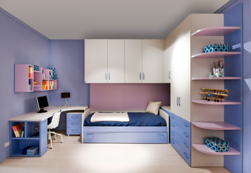 Stylish,Blue,And,Purple,Teenagers,Bedroom,Interior,With,Built-in,Wall